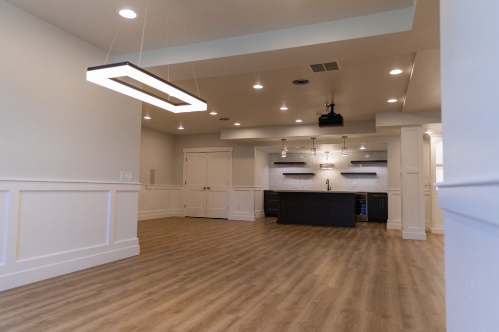 Waterproofed basement with new flooring